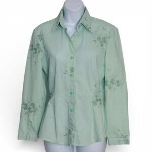 Boutique Linen Embroidered Shirt Women’s 12 Sage Green Resort Aruba Quitrin Cuba